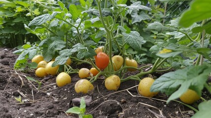 Tomatoes growing on the ground in the garden. Ripe yellow tomatoes.
