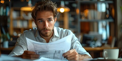 Diligent male accountant carefully examines financial records in a bustling office to ensure precise calculations. Concept Accounting, Diligence, Financial records, Office environment