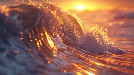 Golden sunset  dramatic ocean waves, glistening water droplets, realistic textures in motion blur