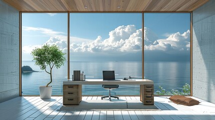 Create desk minimal style, big window, ocean view. Generative AI.
