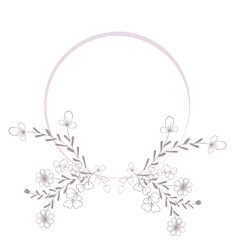 Elegant frame, background, floral wreath, gentle monogram with hand drawn wild herbs and flowers. vintage botanical illustration for invitation or wedding decor, logo, label, branding.