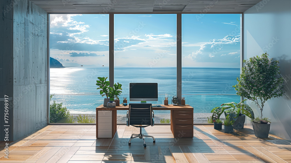 Poster Create desk minimal style, big window, ocean view. Generative AI.