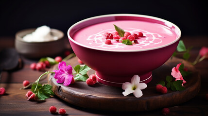 Obraz na płótnie Canvas A traditional bowl of cold milk beetroot soup, garnished with fresh herbs and radish, presented on a rustic wooden table setting.