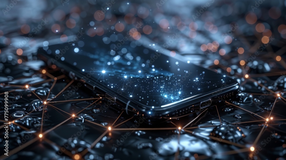 Aufkleber future black shiny smartphone on wireframe network concept