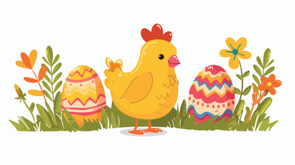 Easter chicken cartoon flat vector isolated on white