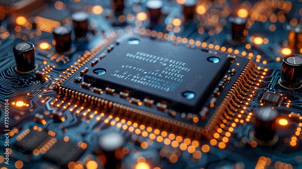 Poster embedded electronic board and cpu on a dark-blue background