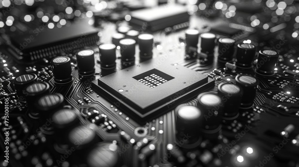 Poster background of a black and white electronic board with a cpu.