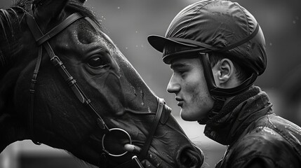 A heartfelt moment between a jockey and their horse in the paddock before the race, with the jockey whispering words of encouragement into the horse's ear. - obrazy, fototapety, plakaty