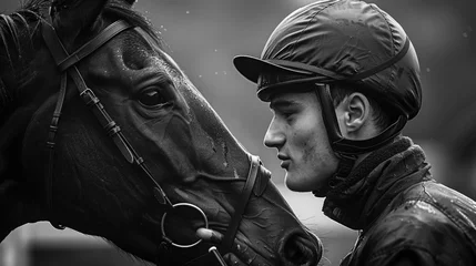 Foto op Plexiglas A heartfelt moment between a jockey and their horse in the paddock before the race, with the jockey whispering words of encouragement into the horse's ear. © Татьяна Креминская