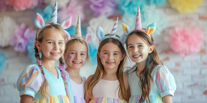 Group of cheerful six years old girls wearing rainbow unicorn fancy dresses celebrating birthday indoors with colorful confetti and balloons. Children birthday party.