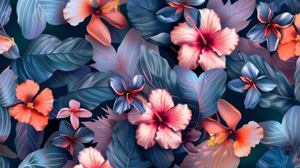Dark and vibrant floral pattern design - This image showcases an exotic mix of flowers set on dark leaves, giving off a vibrant and lush atmosphere