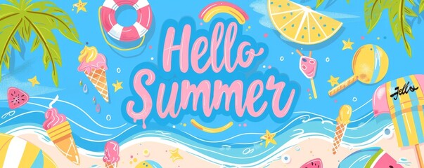 Fototapeta na wymiar A vibrant summer-themed banner with the text 