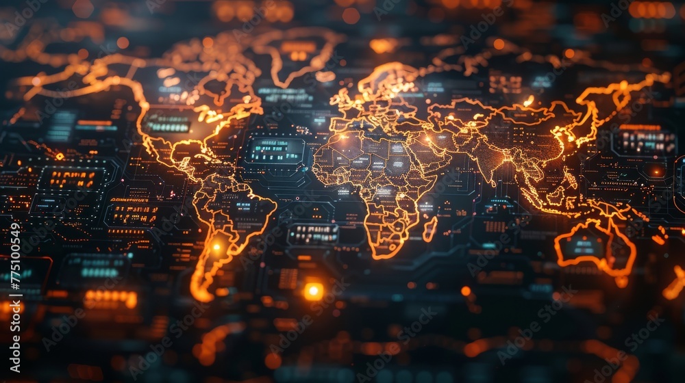 Aufkleber a futuristic world map with an electronic theme, representing the concept of global networks.