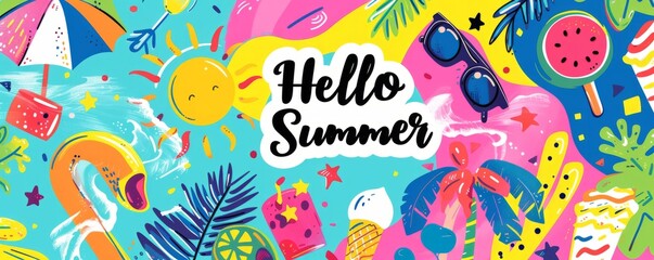 A vibrant summer banner with bright colors and fun illustrations of tropical elements "Hello Summer" is written in a bold sans-serif font Generative AI