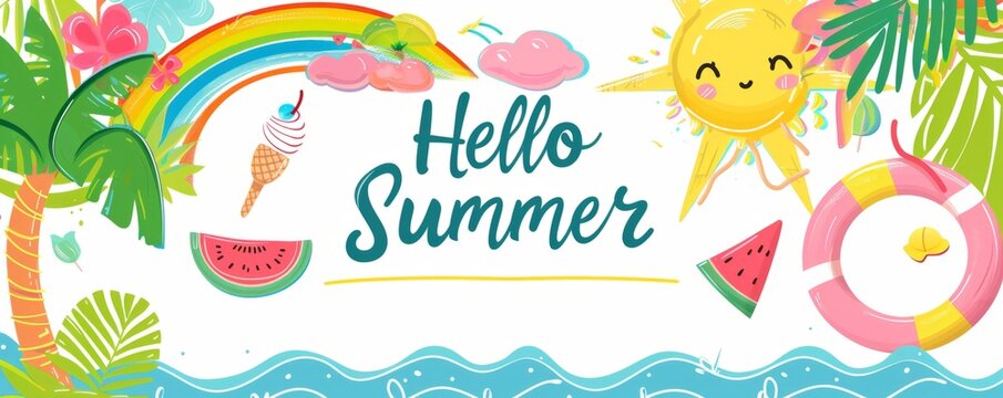 a colorful banner illustration with the text "Hello Summer" featuring tropical elements like palm trees, suns and ice creams, a rainbow and watermelon Generative AI