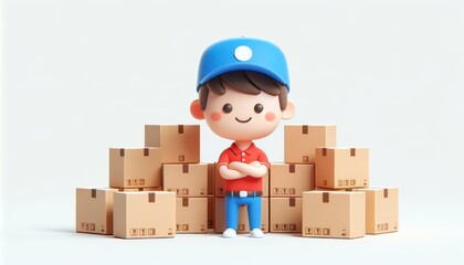 3D illustration of a cheerful delivery person in a blue cap and red shirt, standing with arms crossed among cardboard boxes.