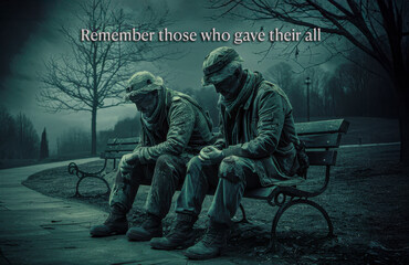Remember those.  Two ghostlyf soldiers, weathered and sitting somberly on a park bench, are depicted under a gloomy sky with  phrase 
