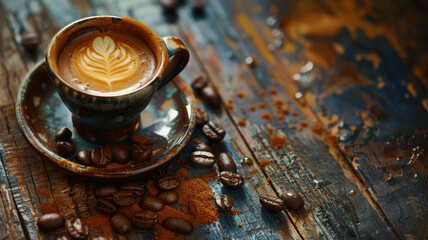 A vibrant latte art coffee cup sits on a rustic wooden table surrounded by scattered coffee beans.