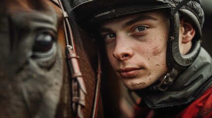 A heartfelt moment between a jockey and their horse in the paddock before the race, with the jockey whispering words of encouragement into the horse's ear. - obrazy, fototapety, plakaty