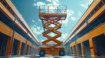 A scissor lift platform in action, the lift being used for accessing high. Generative AI.