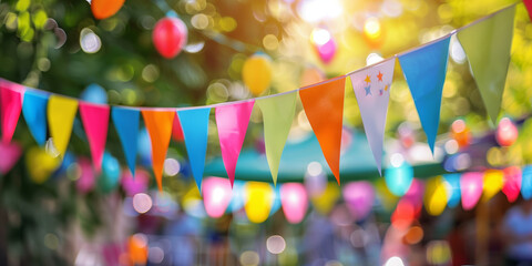 Decorative party pennants in sunny summer garden. Rainbow flag banners for birthday celebration. Hanging paper garland ready for a party. - obrazy, fototapety, plakaty