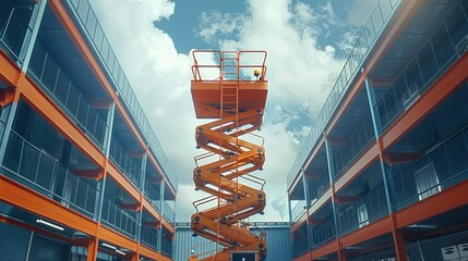 A scissor lift platform in action, the lift being used for accessing high. Generative AI. - obrazy, fototapety, plakaty