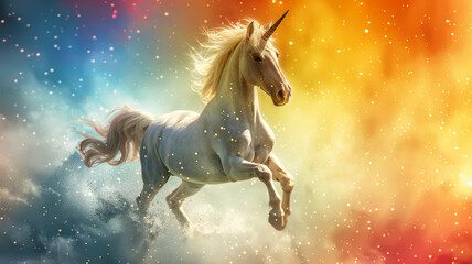 An ethereal unicorn runs through a cosmic backdrop with sparkling stars, merging fantasy with celestial themes.