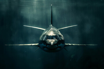 A shark shape submarine airplane underwater - obrazy, fototapety, plakaty