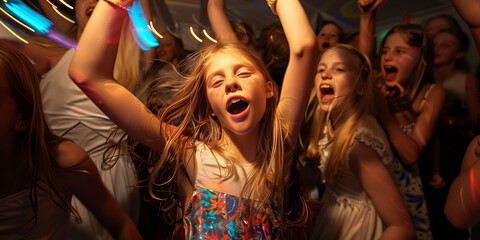 A group of cheerful eleven years old friends celebrating birthday indoors with colorful confetti and balloons. Crazy preteen birthday party at home. - obrazy, fototapety, plakaty