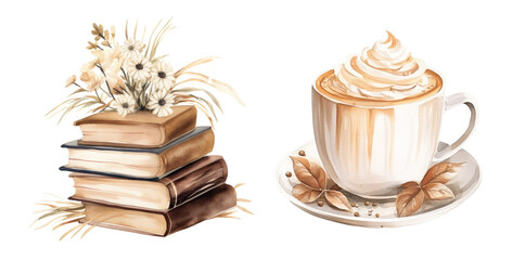 Books with dried flowers and creamy coffee cup