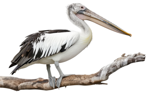 Pelican Perched on a Wooden Limb isolated on transparent Background