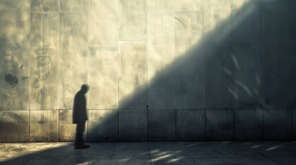 A shadowy figure stands before a graffitied wall, with an angled beam of light creating an...