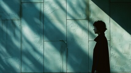 Profile view of a person cast in shadow against a textured wall, intersected by the long shadows of an unseen barrier.