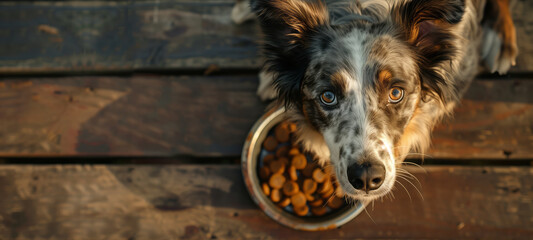 Friendly dog sitting by a bowl of dry kibble pet food at home. Puppy looking up into camera on sunny morning. Feeding your pet proper healthy food. - obrazy, fototapety, plakaty