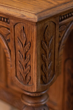 Close-up, Pattern of flowers carved on wood, old wood carving
