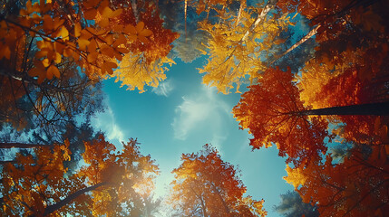 A canopy of colorful leaves overhead on an autumn hike