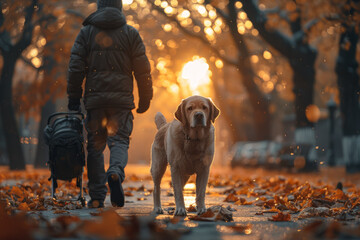A loyal service dog assisting its owner with mobility challenges, providing invaluable aid and companionship. Concept of independence and assistance. Generative Ai. - obrazy, fototapety, plakaty
