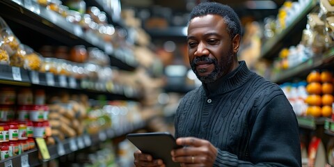 Middleaged Black man in grocery store using tablet for online sales analysis smiling at camera. Concept Portrait, Technology, Business, Retail, Diversity