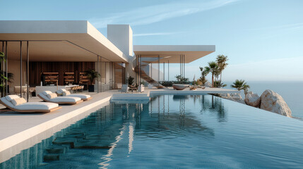 A modern minimalist villa in coast, infinity pool with sun beds in front of the villa. Generative AI.