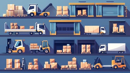 Isolated modern cartoon set of warehouse flat elements. Transport truck with forklift. Distribution loader with boxes.