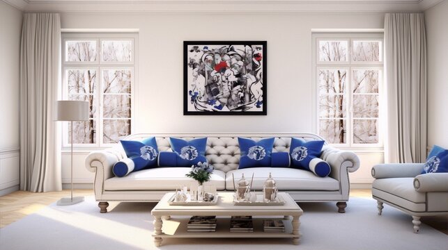 An image of a painting with red flowers in a black frame hanging on a white wall in a living room with a white sofa, blue pillows, and a white coffee table with books and a vase on it.