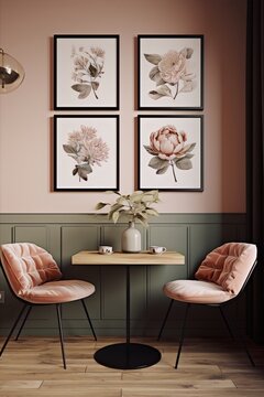 Digital art in art deco style of pink velvet chairs and botanical drawings in black frames on the wall in the interior of the cafe.