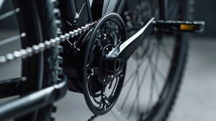 Modern black bicycle with electric motor on gray background Sharp close-up images