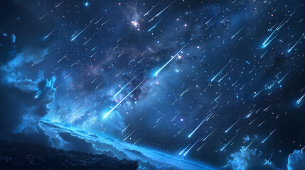 A celestial ballet of shooting stars streaking across a velvety night sky - obrazy, fototapety, plakaty
