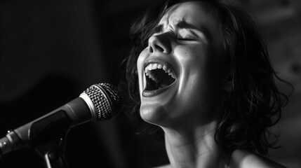 A black and white photo capturing the emotion on a woman's face as she sings her heart out - obrazy, fototapety, plakaty