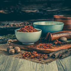 Datero Red Chilli Flakes on wooden table background. Herbs, spices and dried food baking...
