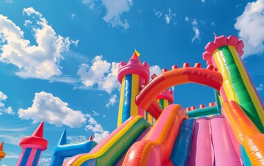 Fototapeta na wymiar A whimsical and captivating inflatable castle stands tall against a vibrant blue sky, inviting endless play and imagination.