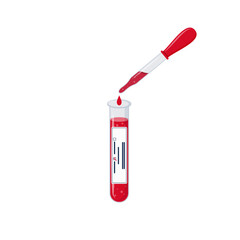 Blood test icon on white background. Test tube with blood drop cartoon vector illustration