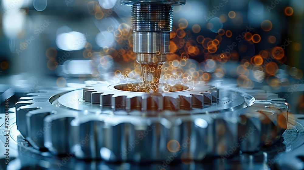 Poster close-up shot of a gear tooth undergoing a stress test, with a diagram overlay showing the distribut