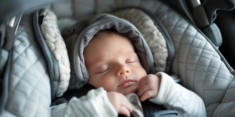 Cute newborn baby sleeping in a car seat. Child safety on a road trip. Traveling by car with kids.